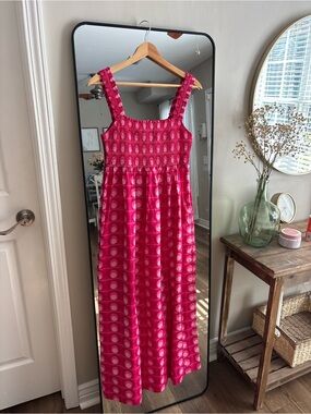 Zara Fuchsia Pink Smocked Maxi Dress with Checker Texture